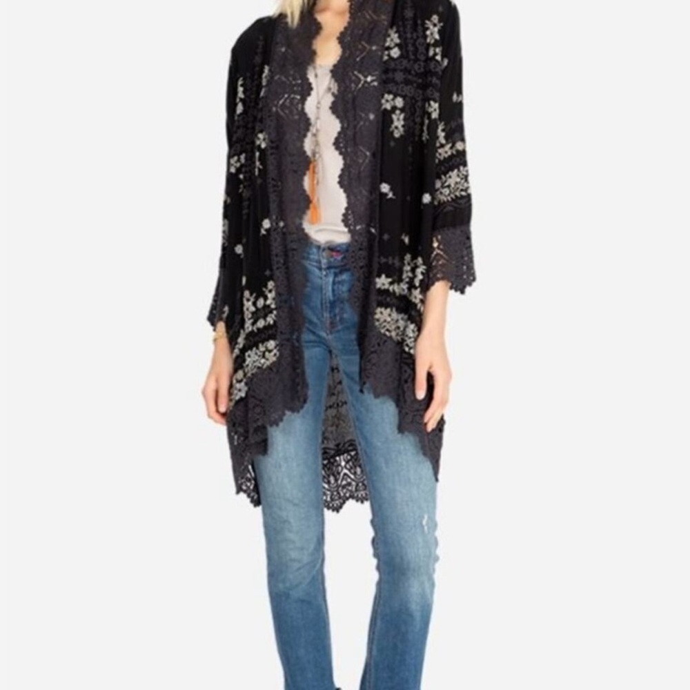 Johnny Was Shikai Embroidered Kimono Cardigan Gray Black Women's Small